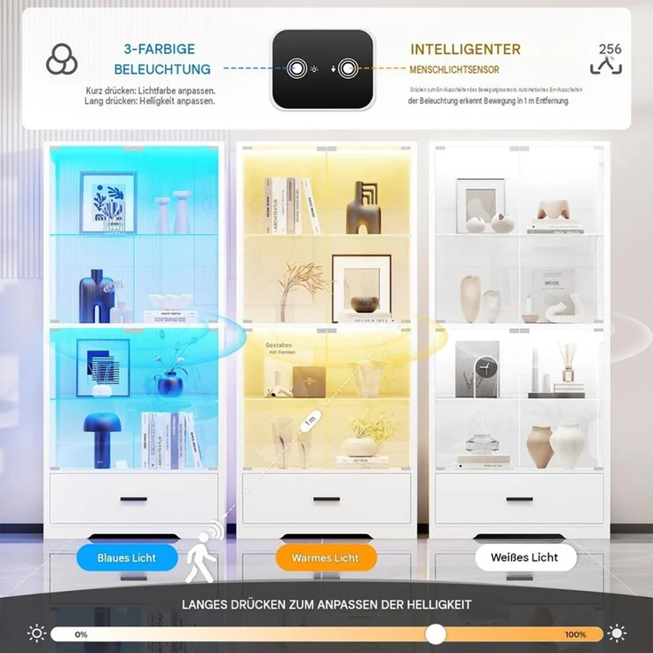 Glasvitrine 75x35x164.5 cm, 4-stöckige Vitrine mit Schublade, LED-Beleuchtung und Bewegungssensor, Weiß – Bild 2