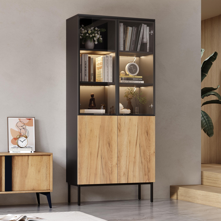 Vitrine mit Glastüren, 180 cm hoher Schrank mit LED-Leuchten, Bücherregal, 5-stöckige Glasvitrine für Sammlerstücke, Bücherregal, Büro, Schwarz/Eiche--Schwarz, Eiche--74x31x180cm--YOUDENOVA