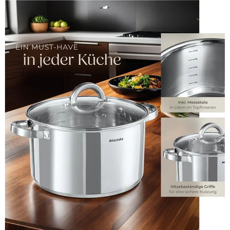 tectake Topf-Set Kochtopfset, Edelstahl, 15-teilig, aus Edelstahl, für Induktion geeignet – Bild 3
