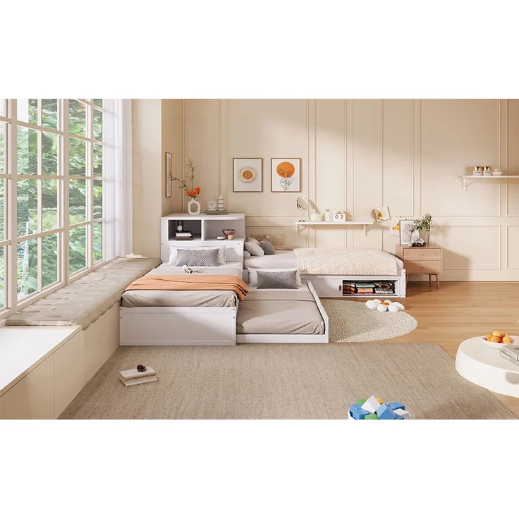 ZUBALIYA Holzbett 90 x 200 cm – Ausziehbett, Stauraum mit Schiebetüren, LED-Beleuchtung, MDF, Kiefer, Weiß – Bild 8