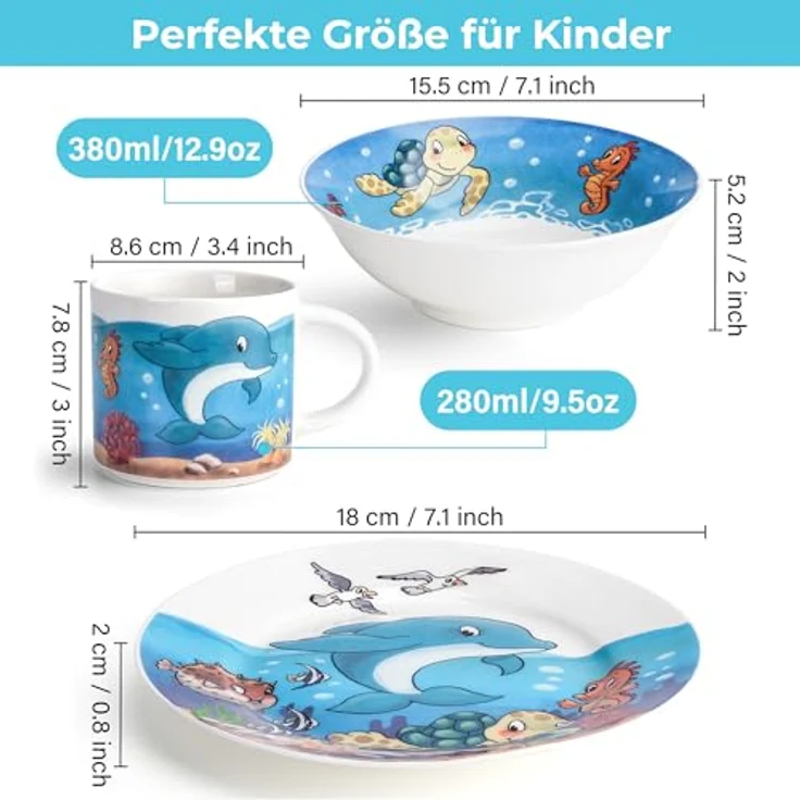 MiaMio Kindergeschirr-Set 3er-Set Kindergeschirr/Porzellan inkl. Teller, Schüssel und Tasse Ocea (3-tlg), 1 Personen, Porzellan – Bild 3
