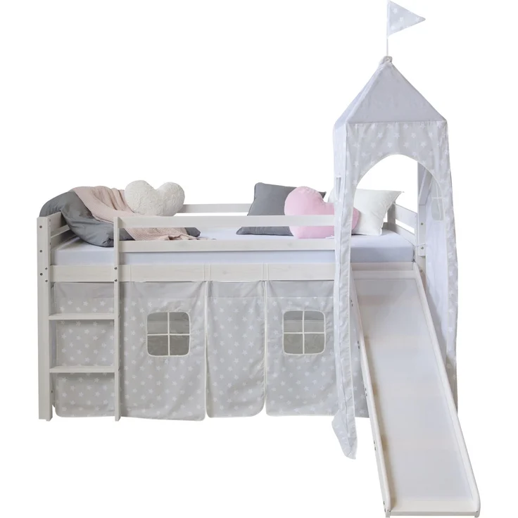 Hochbett mit Lattenrost 90x200 Turm Rutsche Stockbett Kinderbett Holz Kiefer Vorhang grau Sterne – Bild 6