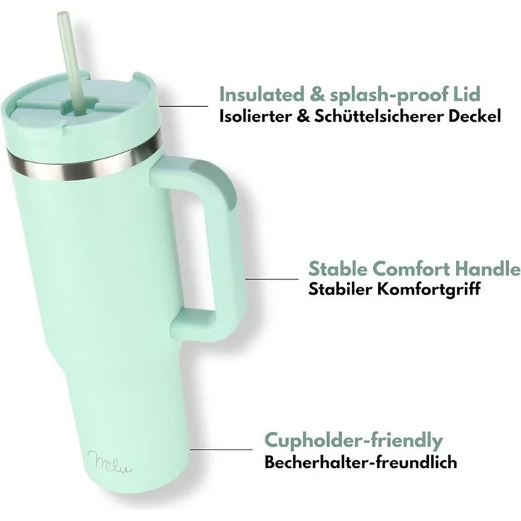 Milu Thermobecher Edelstahl Tumbler To Go 1200 ml, mit Strohhalm und Henkel – Bild 4