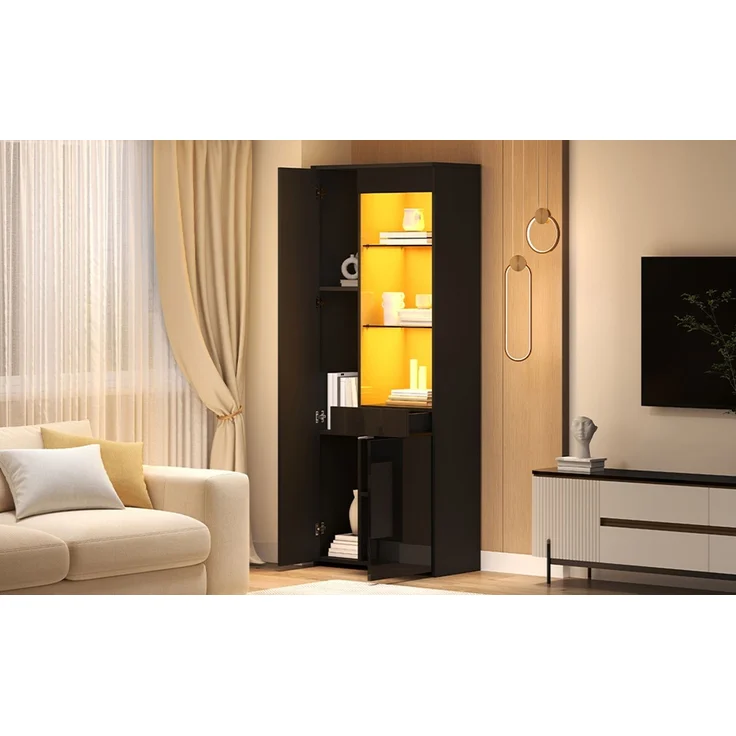 70*35*180cm Vitrine mit Schubladen, Vitrine Hochglanz, Glasvitrine mit LED-Beleuchtung,Hochschrank, Highboard Mit Schrank , Standvitrine,Trennwandlagerung, empfohlene Tragkraft 45kg,Schwarz--Schwarz--70x35x180cm--YOUDENOVA – Bild 10