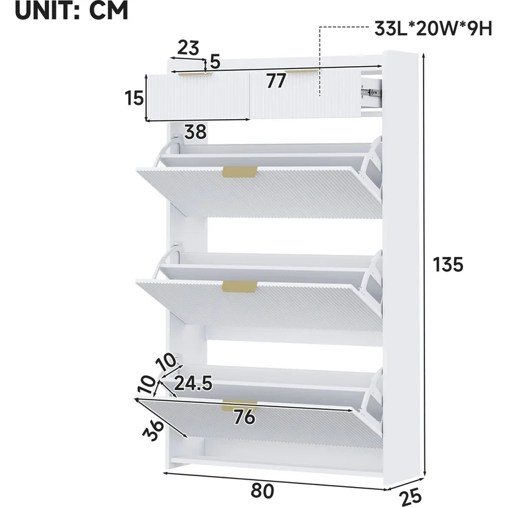 ZUBALIYA Schuhschrank (80 x 25 x 135 cm), 3 Klappfächer und 2 Schubladen, Aus Spanplatte, Stauraum für Flur und Eingangsbereich, Weiß – Bild 2