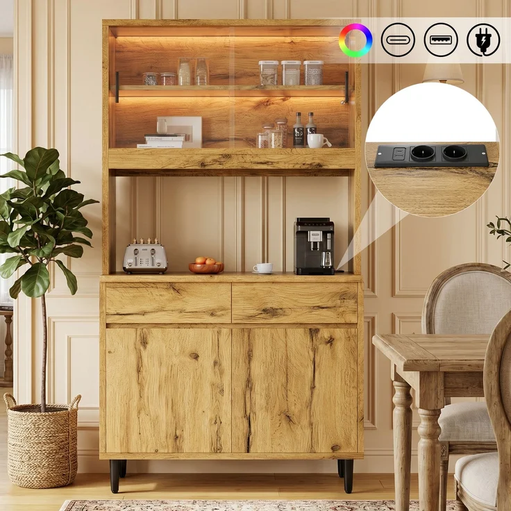 Buffetschränke, Esszimmer-Hochschrank 100*40*185 cm, mehrstufigem Stauraum, integrierter Steckdose sowie USB-C- und USB-A-Anschlüssen,Mit farbigem Lichtstreifen, Eichenfarbe – Bild 1