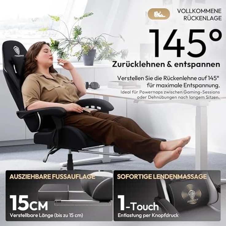 Dowinx Gaming Stuhl Tasche Frühling Kissen, Atmungsaktiver Bürostuhl aus Hochwertigem Stoff, Ergonomischer PC-Stuhl mit Kopfstütze, Drehbarer Schreibtischstuhl mit Fußstütze (Schwarz und Weiß) – Bild 8