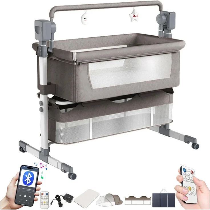 Magic ZC Elektrische Bluetooth Intelligent Beistellbett Baby mit Rollen, Faltbar Co-Sleeping Babybett, Convertible Stubenwagen Wiege mit Fernbedienung, Musik, 5-schwankende Zahnräder (601 Light Grey)