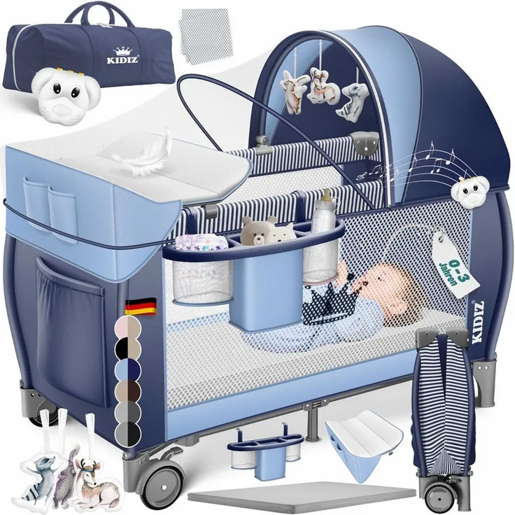 KIDIZ® Babybett Reisebett Kinderreisebett Faltbar mit Matratze 120x60, Seiteneingang, Wickelauflage, Mosktionetz, Spielbogen & Tragetasche Baby Beistellbett Kinderbett ab Geburt bis 15 kg Blau