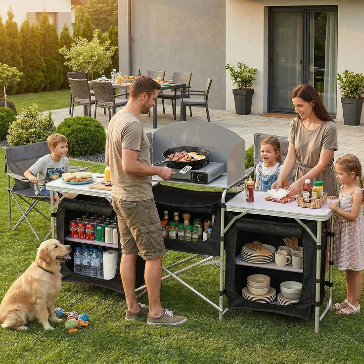 Sekey Campingschrank XXL Faltbar Campingküche mit Aluminiumgestell inkl. Windschutz und Tragetasche, Schwarz – Bild 9