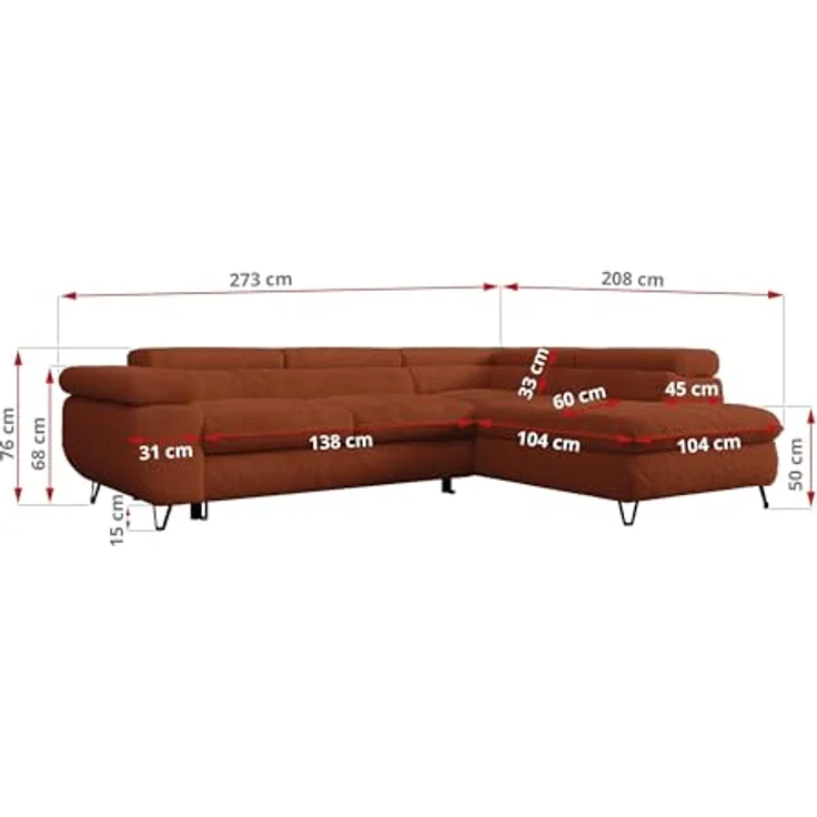 Ecksofa mit Bettfunktion, Modern Sofa, L-form, Einstellbare Kopfstützen, Bettkasten - PETER - Orange Plüsch - Topper T25 - links – Bild 4