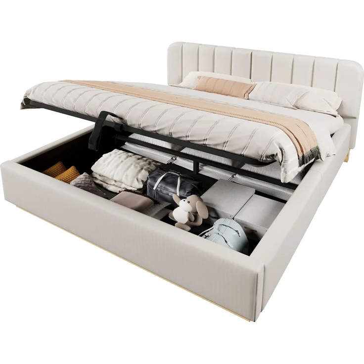 Polsterbett, Doppelbett, 180 x 200 cm, Bett mit Lattenrost, Kopfteil, Gepolstertes Kopfteil, Hydraulische Lagerung, Mit LED-Lichtleiste, Ohne Matratze, Beige Chenille – Bild 6