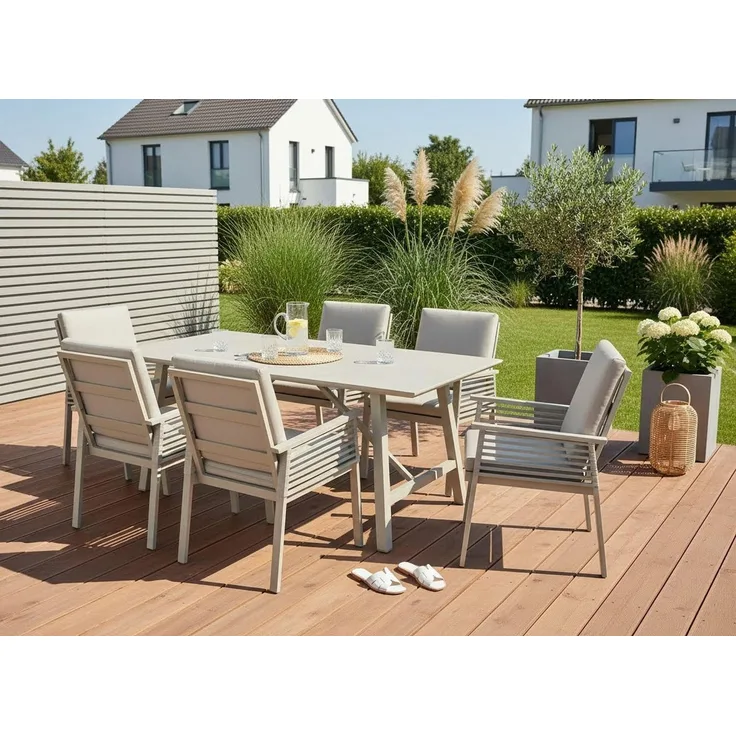 KONIFERA Garten-Essgruppe Edessa, TOPSELLER!, (Set, 19-tlg, 6x Sessel, 6x Sitzauflagen, 6x Rückenauflagen,1x Tisch), bestehend aus 6 Sesseln mit Auflagen, 1 Tisch