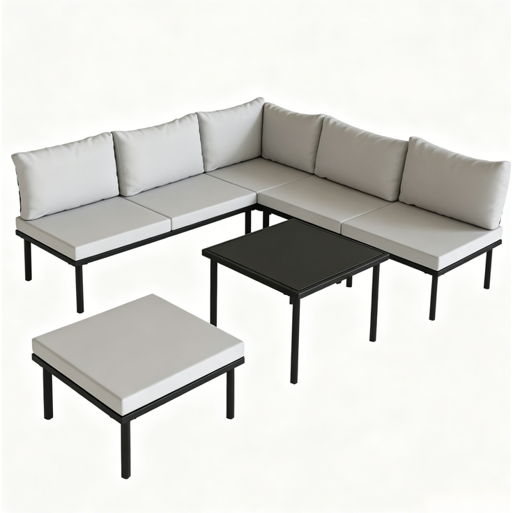 6-teiliges Gartenlounge-Set mit Glas-Couchtisch, 64x116x60,5 cm, Schwarz/Hellgrau – Bild 8