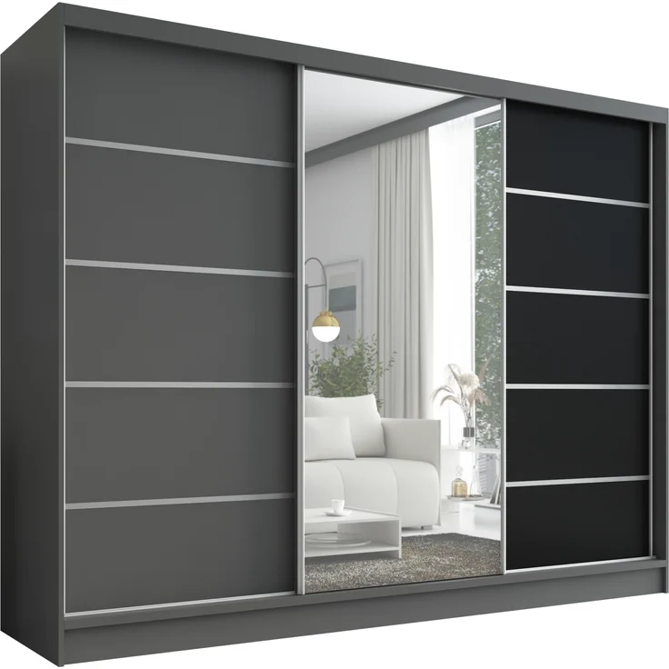 A&J MöbelLand Schwebetürenschrank AURELIA, Graphit, Graphit, Schwarz, Leiste: Weiß – Bild 1