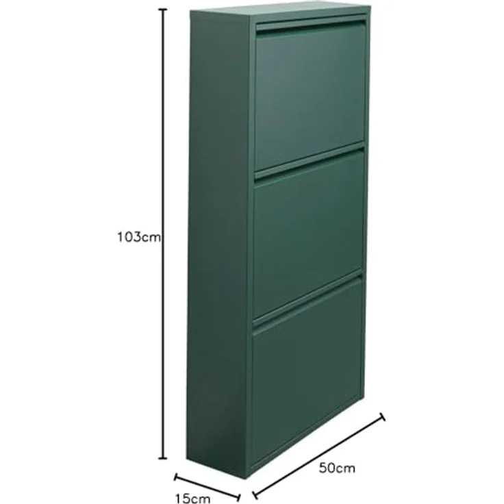 Kare Design Schuhschrank Caruso, Grün, Stahl, mit 3 Klappen, Schuhablage für 6 Paar Schuhe, schmal, platzsparend, hoch, Schuhregal, Eingangsbereich, 103 x 50 x 15 cm (H/B/T) – Bild 4