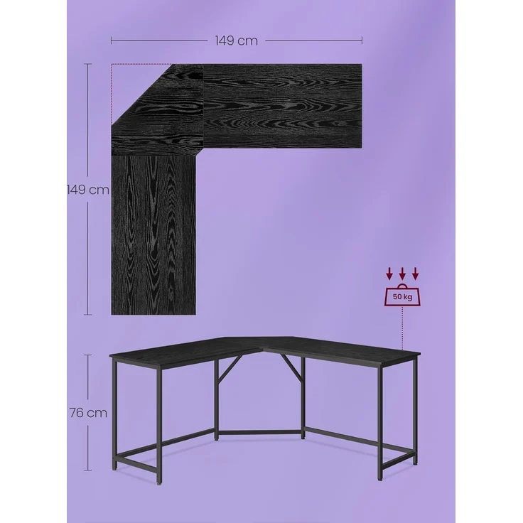 VASAGLE Eckschreibtisch, L-förmiger Computertisch, 149 x 149 x 76 cm, platzsparender Bürotisch, Homeoffice, Gaming, ebenholzschwarz-tintenschwarz LWD073B56 – Bild 3