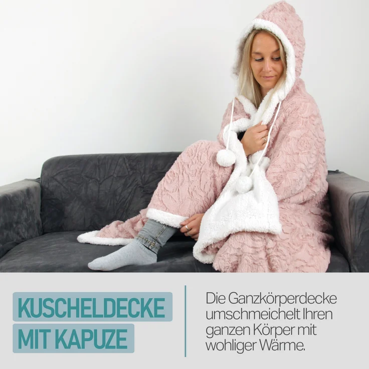 Bestlivings Kuscheldecke mit Kapuze 130 x 180 cm in Rose für Kinder und Erwachsene, TV-Decke, Sherpa Decke in Felloptik – Bild 7