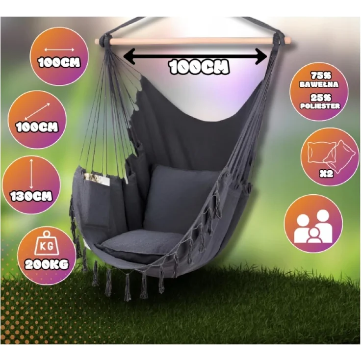 QLS Hängesessel 130x100 cm mit 2 Kissen bis 200 kg Graphit, Hängestuhl Boho-Stil 130 x 100 cm – Bild 2