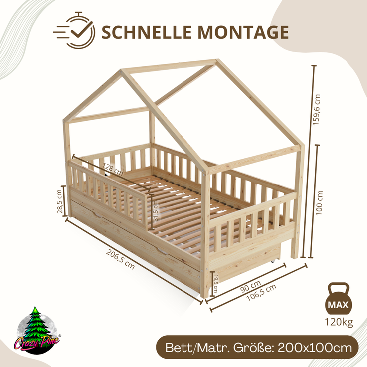 Crazy Pine 'Crazy House' Hausbett mit abnehmbaren Rausfallschutz, Naturholz, Natur, 100x200 cm, mit Ausziehbett – Bild 2