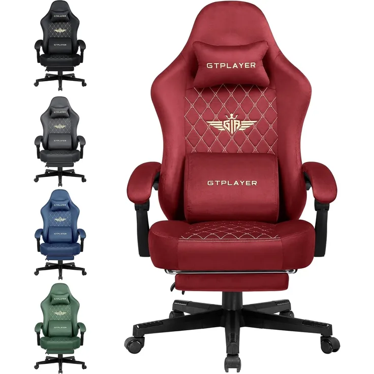GTPLAYER Gaming Stuhl Stoff Gaming Chair Ergonomisch Bürostuh PC Stuhl, 150kg Belastbarkeit, Verstellbarer und Drehbarer Schreibtischstuh mit Federsitzkissen und Fußstütze, Rot