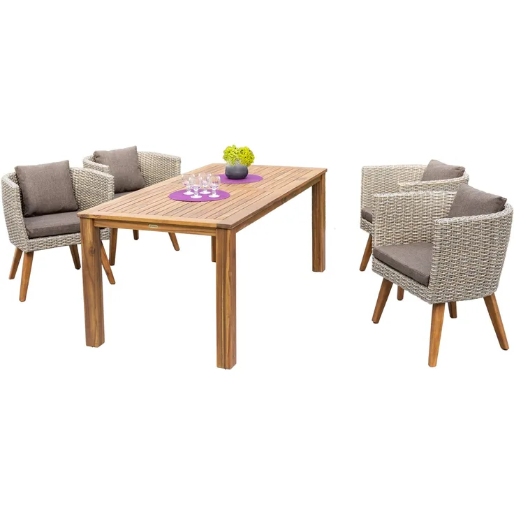 Caldas Gartenmöbel Set 5tlg, 4 Sessel inkl. Sitz- und Rückenkissen, Tisch 185 x 90 cm