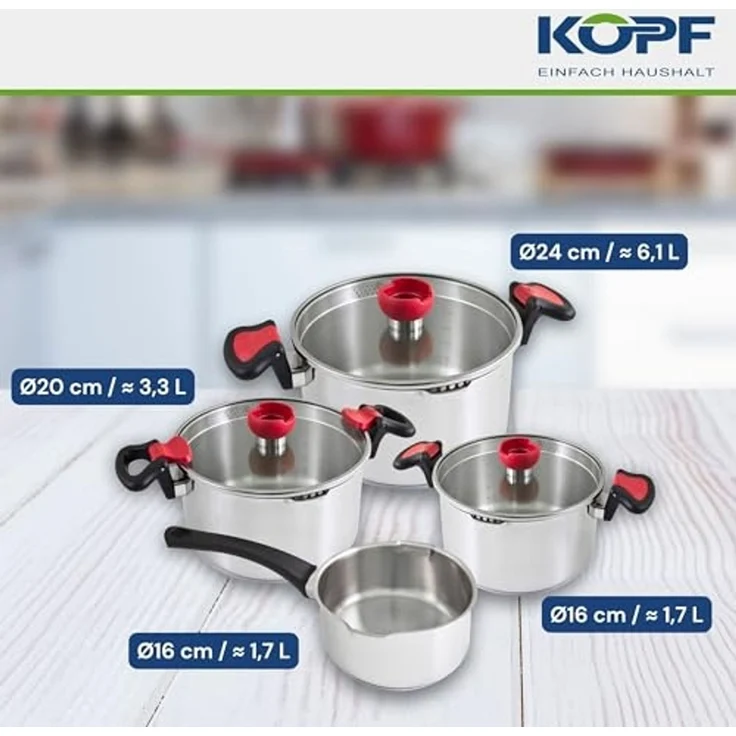 Kopf Topf-Set Kochtopfset Nelo, Edelstahl (7-tlg), mit Deckel, intelligenter Abgießhilfe & integrierter Siebfunktion – Bild 3
