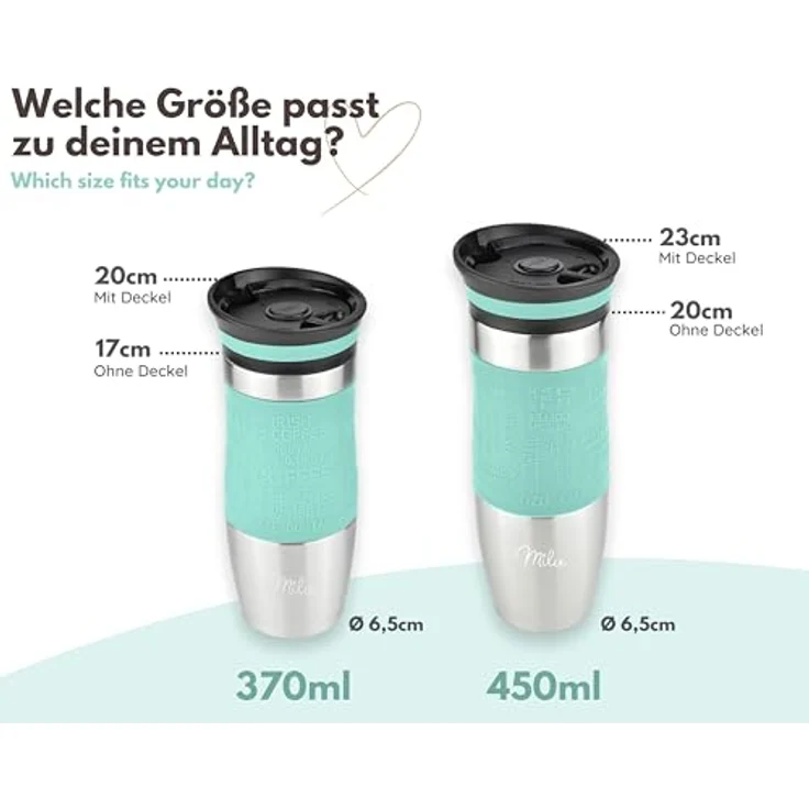 Milu Thermobecher Isolierbecher Kaffeebecher to go - 370ml - 100% Auslaufsicher - Trinkbecher aus Edelstahl - Autobecher doppelwand Isolierung - Thermo Becher - Travel Mug - (Türkis, 370ml) – Bild 5
