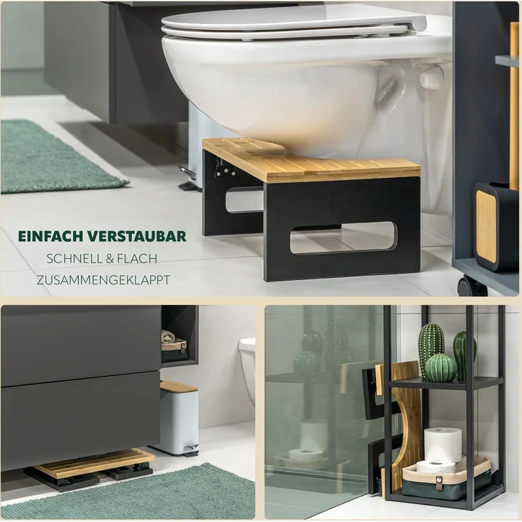 eluno Toilettenhocker, Fußbank aus Bambus, platzsparend zusammenklappbar, schwarz – Bild 5