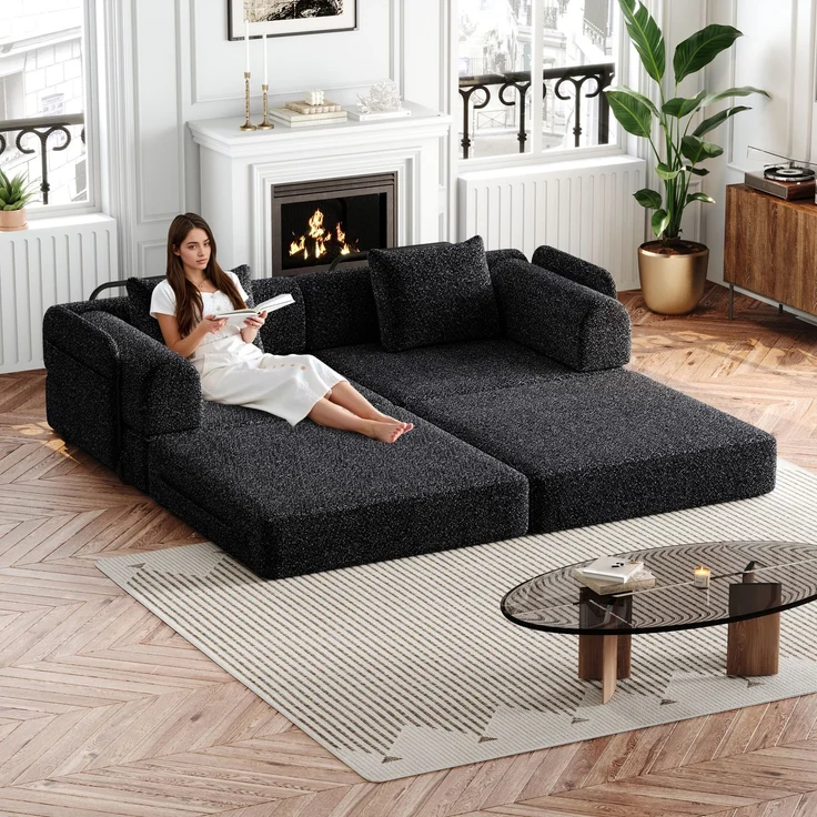Schlafsofa mit Ablagefach & Stahlrahmen, wandelbarer Einzelsitz Sofa Bett mit rutschfester Unterlage,2-Sitzer,Schwarz – Bild 2