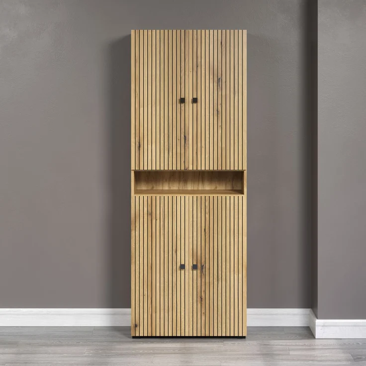 trendteam smart living - PureBliss - Waschbeckenunterschrank - Eiche - Waschtisch mit 3 offenen Fächern - (BxHxT) 90 x 91 x 53 cm - Rillenoptik - edle Metallgriffe - 60 cm Aufsatzwaschbecken – Bild 4