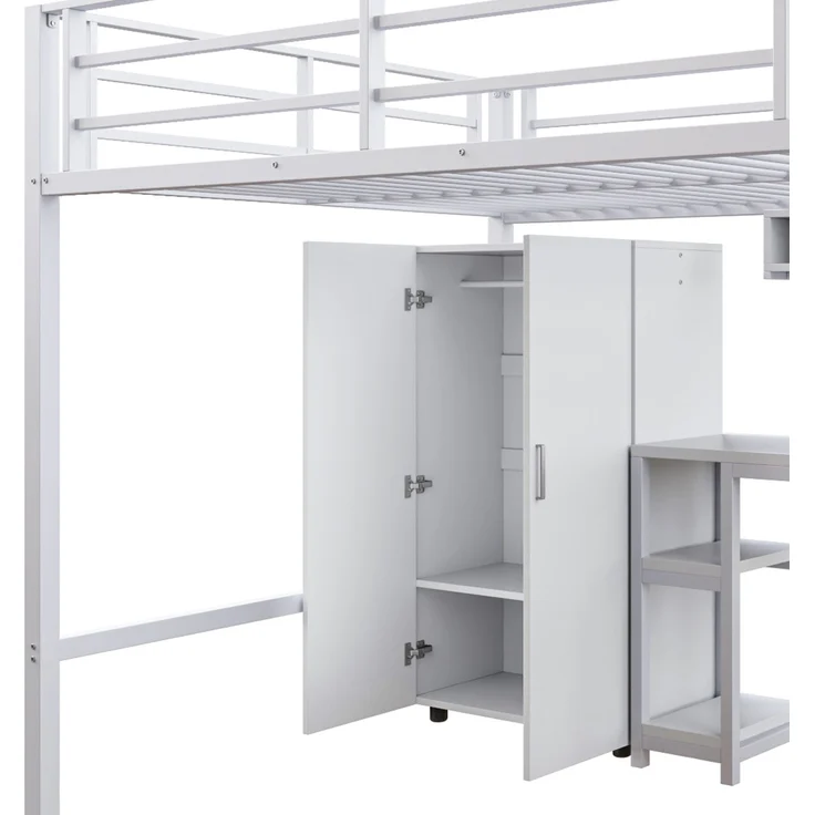 Hochbett 140 × 200 cm, integrierter Schreibtisch, Kleiderschrank, offene Regale und Ablageleiter, platzsparendes Design, Weiß – Bild 9