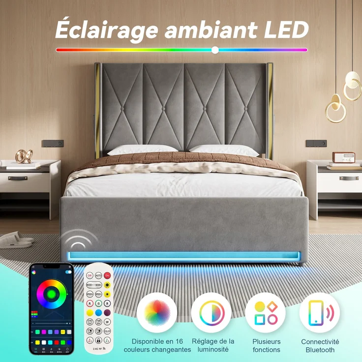 TavilaEcon Boxspringbett Veloursbett mit hohem Kopfteil, Seitentaschen & USB grau Liegefläche 160 × 200 cm – Bild 4