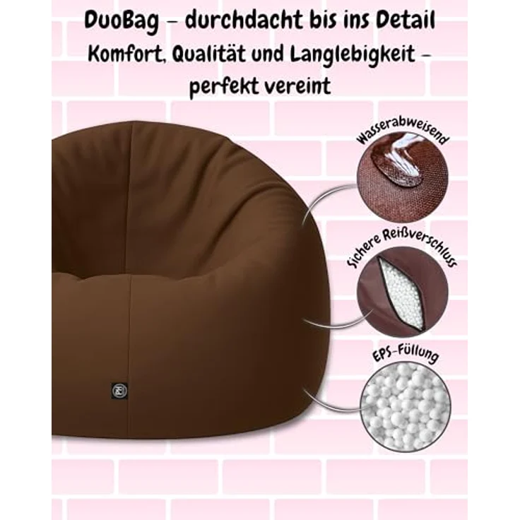 PATCH HOME 2-in-1 Sitzsack Sessel - Gaming Bean Bag mit Reißverschluss - Bereits befüllt, Ergonomisch & Robust für Kinder & Erwachsene - Indoor & Outdoor, Wetterfest (Braun, 155cm) – Bild 5