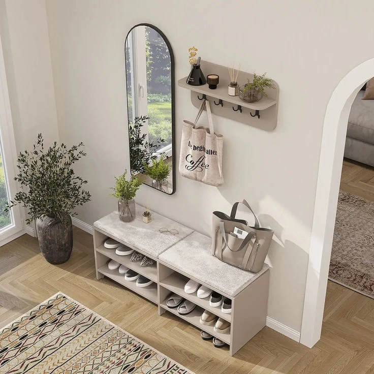 Roomart LENA Garderobenset 3-teilig – Sitzbank 120 cm, Wandgarderobe & Bogenspiegel – Flurgarderobe – H 50 x B 120 x T 37 cm (Sitzbank) • Beige – Bild 4