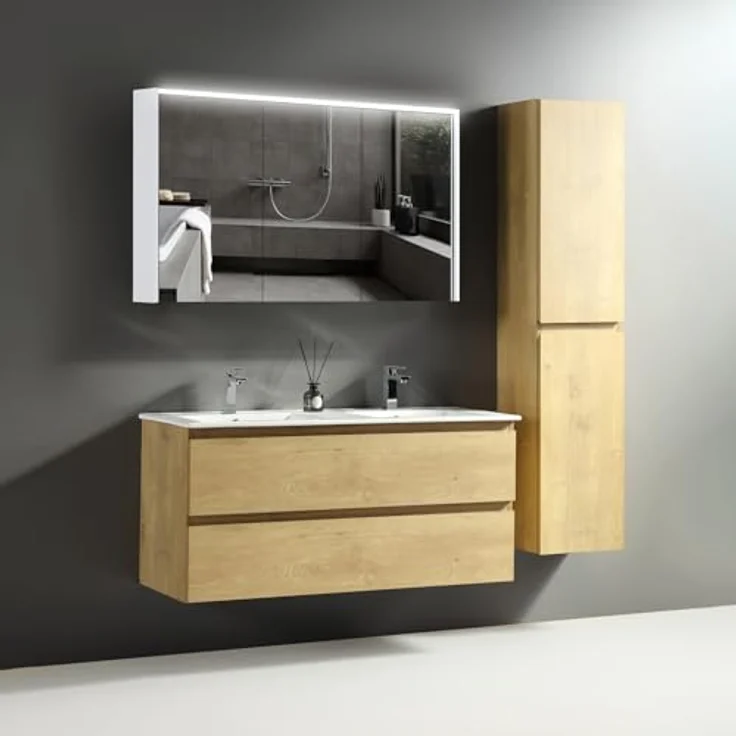 Alpenberger Badezimmer-Set Badezimmer Möbel Badschrank - Doppelwaschbecken mit Unterschrank, (Moderner Waschplatz, Keramik Waschbecken mit Überlauf), Doppelwaschtisch 120 cm Breit – Eiche Natur – Bild 5