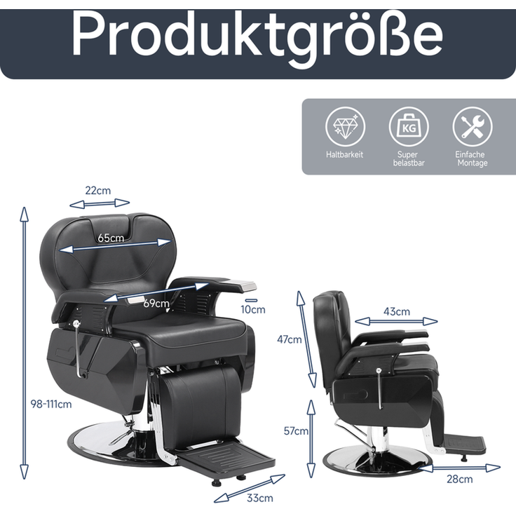 HOME NATURE WOHNKONZEPT Schwerlast Friseurstuhl hydraulisch, Barberstuhl höhenverstellbar, 360° drehbar, mit neigbarer Rückenlehne & Fußstütze, Kunstleder, Schwarz – Bild 2