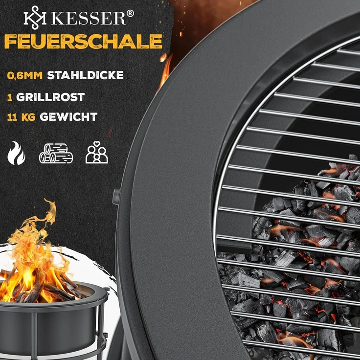 KESSER® Feuerschale mit Grillrost Ø65cm Feuerkorb 0,6mm Kaltveredelter Stahl | mobile Feuertonne mit Reifen | Holz & Kohle Feuerstelle inkl. 60cm Feuerhaken aus Gusseisen, Ø52cm, Bürste & Cover Schwarz – Bild 2