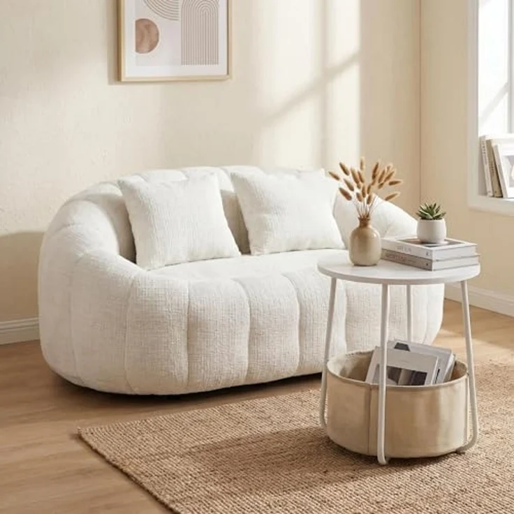 FurnitureR Sofa Set mit Beistelltisch und Aufbewahrungskorb, 2-Sitzer Sofa 145 cm aus Bouclé Stoff mit Rundem Couchtisch 45 cm, Wohnzimmer Möbel Set Modern, Cremeweiß – Bild 1
