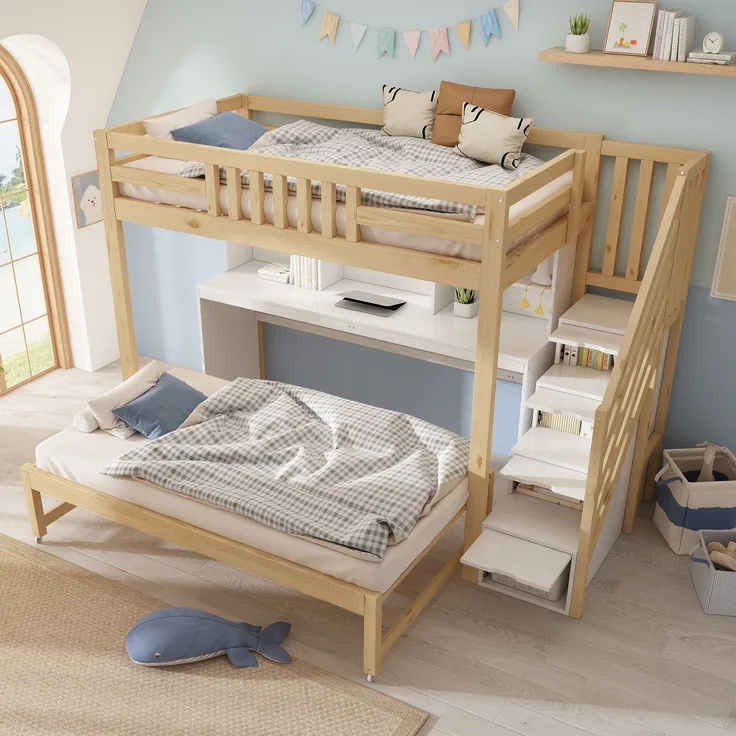 Bett Etagenbett 90x200 + 90x190 cm mit ausziehbarem Bett, Schreibtisch und Stauraum, ohne Matratze