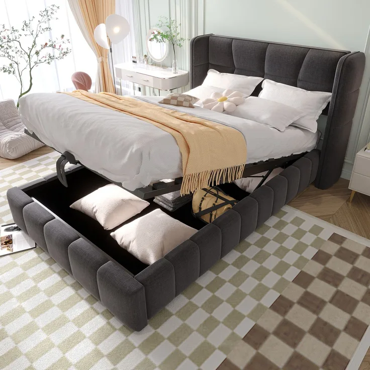 EINHOM Polsterbett 90 x 200 cm, Kinderbett mit Lattenrost, Kopfteil und Pneumatischem Stauraumsystem, Leinenrahmen, Geeignet für Kinder und Jugendliche, Grau, (Ohne Matratze)