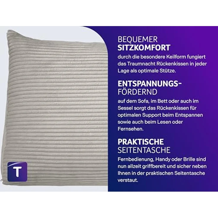 Traumnacht Cozy Rückenkissen, Lesekissen, 70x40 cm hellgrau, abnehmbarer,waschbarer Bezug aus gemütlichem Kord, praktisches Seitenfach, Öko-Tex zertifiziert, produziert nach deutschem Qualitätsstandard – Bild 3