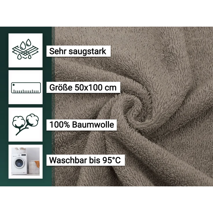 ZOLLNER 10er Set Handtücher, 100% Baumwolle, 50x100 cm, taupe – Bild 2