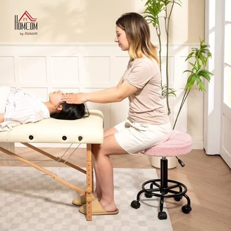 HOMCOM Rollsitz höhenverstellbar 50-66 cm, 360° drehbar (Rollhocker, 1 St, Drehhocker), für Büro, Salon, Massage, Spa, Rosa – Bild 2