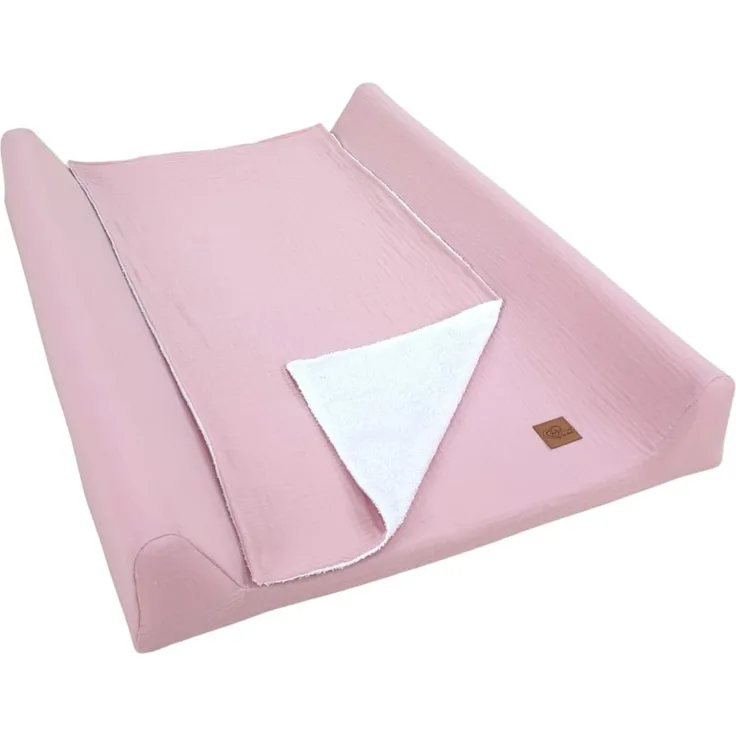 Wickelauflage 50x70 cm Baby – 3in1 Set mit abnehmbarem Musselin-Bezug (rosa) Wickelunterlage abwaschbar mit Umrandung + wasserdichte Frottee-Wickeltischauflage für unterwegs Wiklinopol