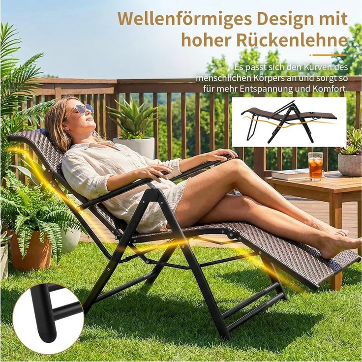 TLGREEN Rattanstuhl Rattan Klappliegestuhl 3-fach faltbar mit Fußstütze (7-fach verstellbare Rückenlehne Wetterfester), Gartenliege aus PE-Rattan&Aluminiumrahmen, Sonnenliege für Balkon – Bild 3