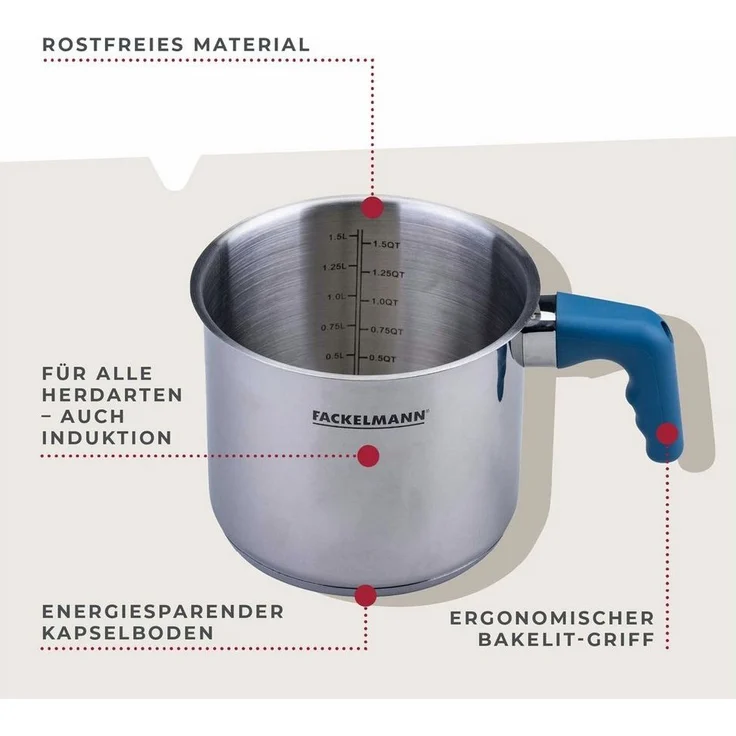 Fackelmann Milchtopf Essential Ø 14 cm aus Edelstahl mit ergonomischem Bakelit-Griff und praktischer Literskala – Ideal für alle Herdarten, Blau – Bild 1