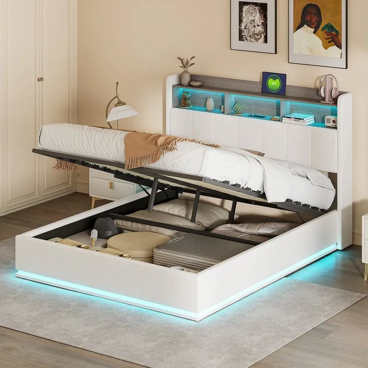 FUROKOY Stauraumbett Doppelbett Polsterbett (Stauraum Kopfteil mit Ladeanschluss), Hydraulikbett Funktionsbett, ohne Matratze, Samt, Beige, 140x200cm
