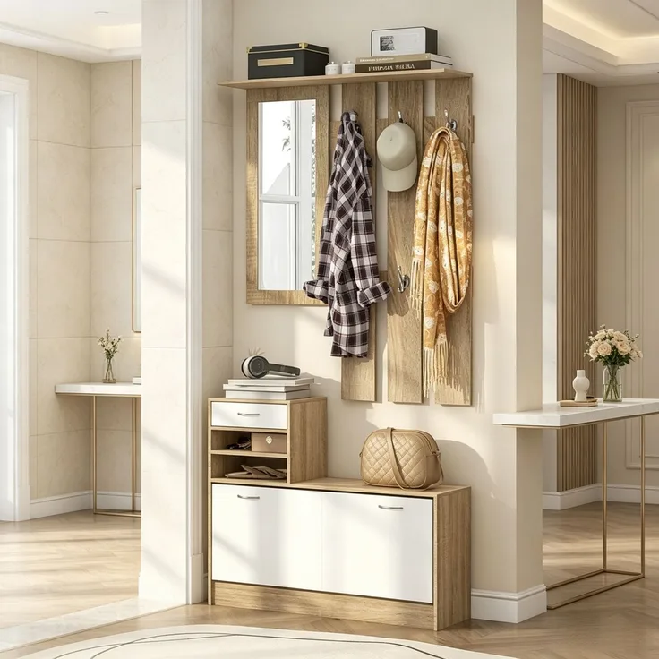 Flur Garderobenmöbel mit Kleiderhaken-Paneel, Spiegel und Schuhbank, 6 Haken und verstellbares Regalbrett(nur mit Flur Garderobenmöbel)--Natur, Weiß--90x10x91cm--YOUDENOVA
