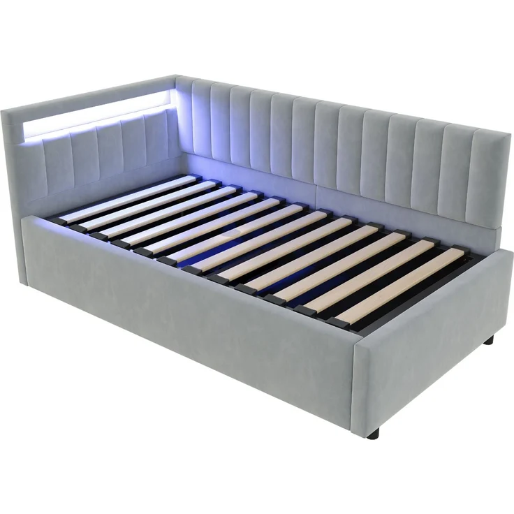 Merax Polsterbett Schlafsofa 90x200, mit LED-Beleuchtung und hydraulischem Stauraum, klassisches vertikales Streifendesign, seitliche Kopfteile mit austauschbaren Positionen, Lattenrost, Samtstoff, Hellgrau – Bild 9